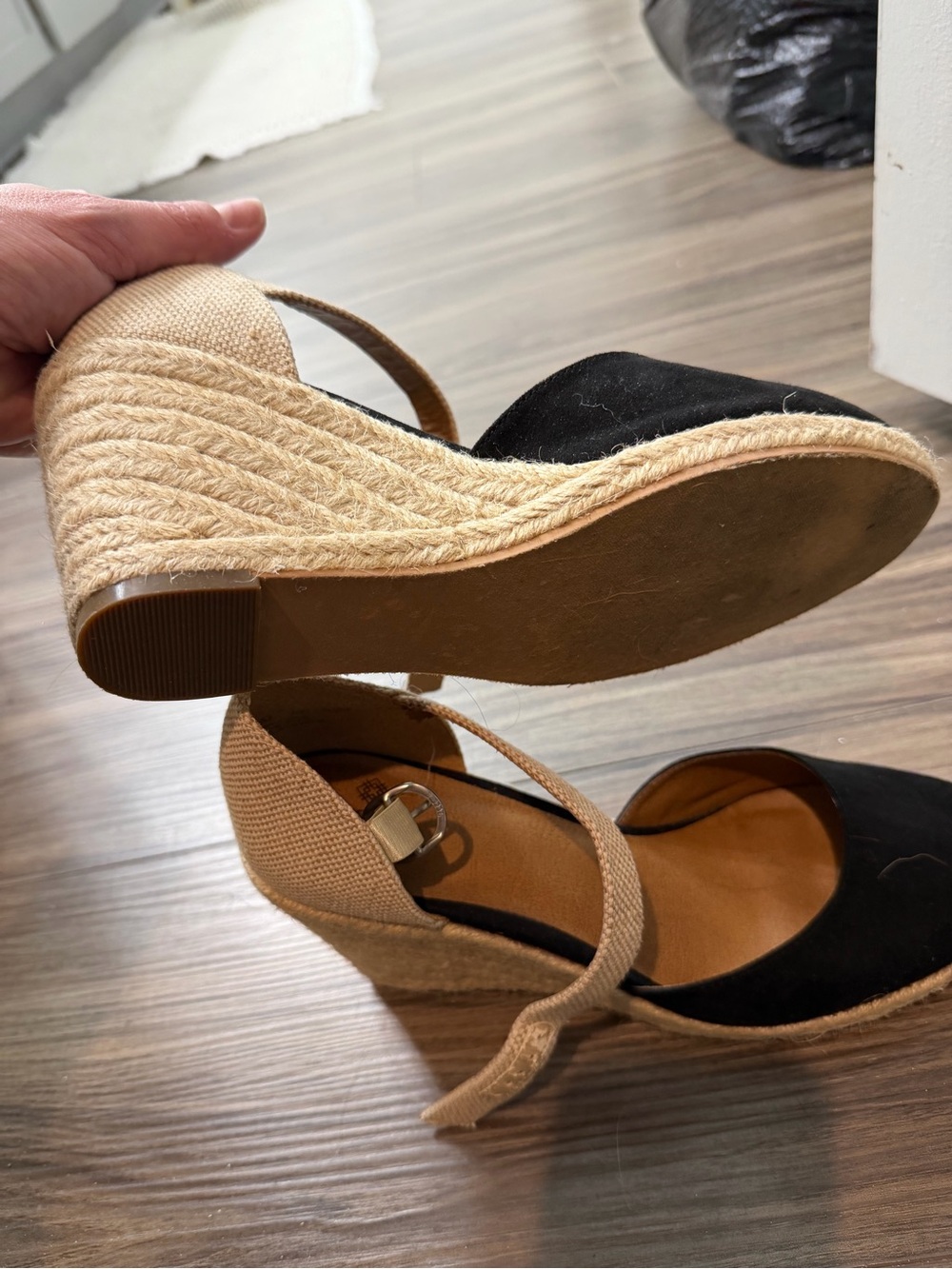 Wedge Espadrille Ankle-Strap Heels in Black and Tan - Picture 3 of 4